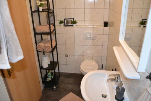 拜羅伊特的住宿－Ferienwohnung Kirsch 1，一间带卫生间和水槽的小浴室