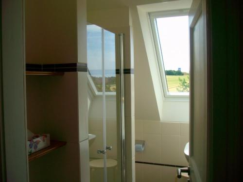 ein Bad mit einer Dusche und einem Fenster in der Unterkunft Ferienhaus Anke in Heiligenhafen