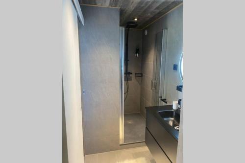 une salle de bain avec douche et lavabo dans l'établissement Le FLOCON du Mont Darbois classé 3 étoiles, à Megève