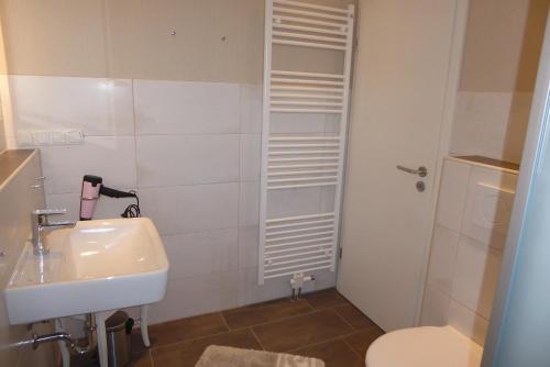 a small bathroom with a sink and a toilet at Ferienhaus Felix in Heiligenhafen