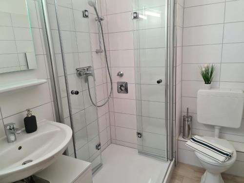 ein Bad mit einer Dusche, einem WC und einem Waschbecken in der Unterkunft Deichkrone App 11 in Grömitz