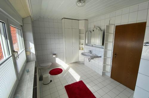 a bathroom with a toilet and a sink and a red rug at Ferienhaus Purk in Werlte
