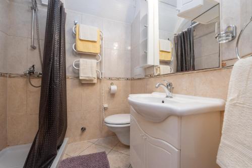 een badkamer met een wastafel, een toilet en een spiegel bij Apartments Babin - Holly in Zadar