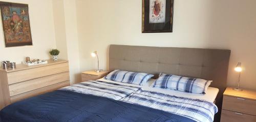 Schlafzimmer mit einem Bett mit blauen und weißen Kissen in der Unterkunft Deichkrone App 11 in Grömitz