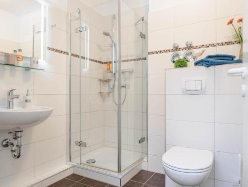 a bathroom with a shower and a toilet and a sink at Strandstraße 51 Whg 1 in Zingst