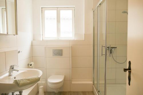 y baño con aseo, lavabo y ducha. en Ferienwohnung Neu "Zum Westerwald" LAHN01, en Löhnberg