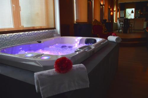 jacuzzi w pokoju hotelowym z czerwonym kwiatem w obiekcie Le BELLEA w mieście Verviers