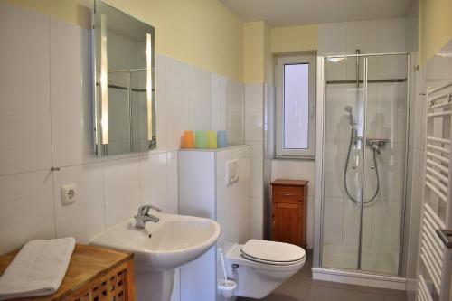 a bathroom with a sink and a toilet and a shower at Fehmarnstrand 78 App 9 in Staberdorf
