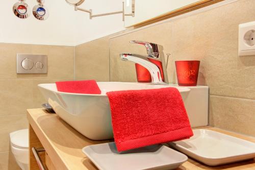 een badkamer met een wastafel en 2 rode handdoeken bij Black 305 in Feldberg