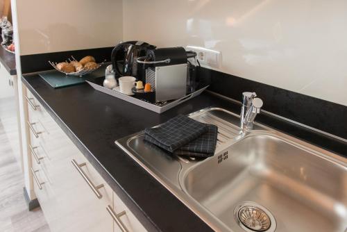 eine Küchentheke mit einer Spüle und einem Mixer in der Unterkunft Premium-Apartment Lifestyle 1b bei Fam Horster in Bensheim