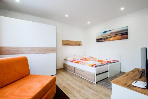 ein kleines Schlafzimmer mit einem Bett und einem Sofa in der Unterkunft Apartmány Tina a Zdenka - Stožec in Stožec