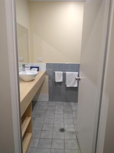 ein Badezimmer mit einem Waschbecken und einer Theke mit einem Spiegel in der Unterkunft Allonville Gardens Motel in Wagga Wagga