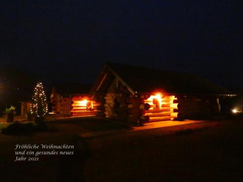 a log cabin lit up at night with a christmas tree at Naturstammhaus Tollensesee in Krickow