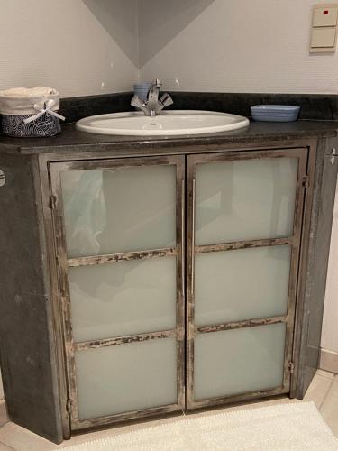 La salle de bains est pourvue d'un lavabo et d'une armoire avec des étagères en verre. dans l'établissement Holiday Home Denolijfboom, au Coq