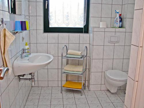 La salle de bains est pourvue d'un lavabo et de toilettes. dans l'établissement Hütigendachs, FW 4, à Zingst