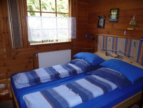 a bedroom with two beds with blue and white pillows at Ferienwohnung Dehnsen in Amelinghausen