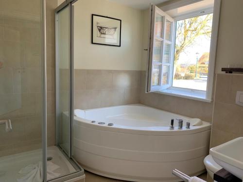 a bath tub in a bathroom with a window at Deichhof Whg 5 in Dunsum