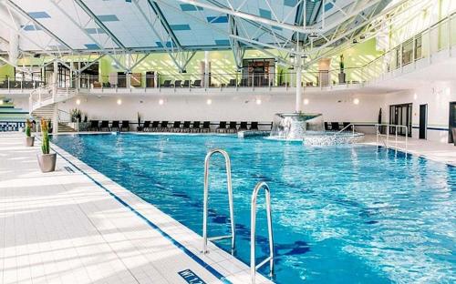 a large swimming pool with blue water in a building at Ferienhaus Nr 6A2, Feriendorf Hagbügerl, Bayr Wald in Waldmünchen