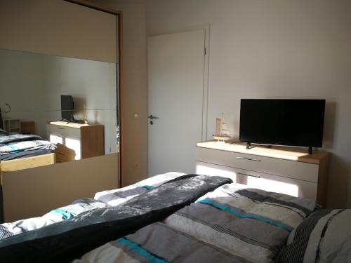 1 dormitorio con 1 cama, TV y espejo en Komfort-Wohnung 03 FehmarnBrise, en Burg auf Fehmarn