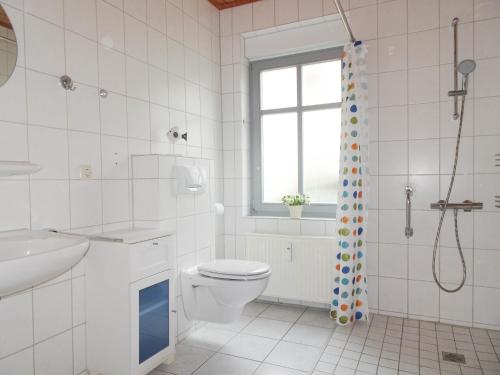 La salle de bains est pourvue de toilettes, d'un lavabo et d'une douche. dans l'établissement Reriker Tied Fewo Ostseesand 2, à Rerik