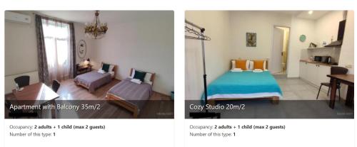 2 fotos de una habitación con cama y cocina en Piano Foyer Apartments at City Center en Tiflis