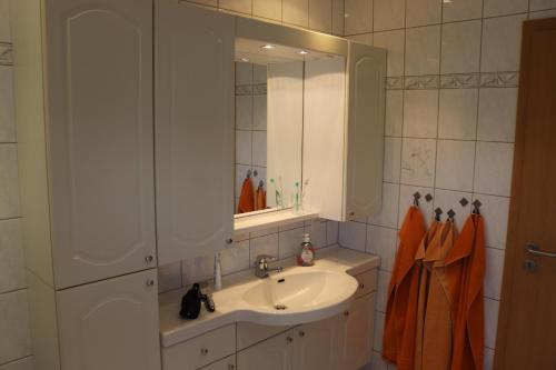 y baño con lavabo y espejo. en Ferienhaus Helten en Lützkampen