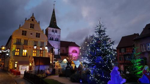 a christmas tree in the middle of a town at night at Les Toits de Turckheim in Turckheim