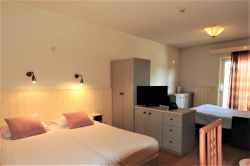 a hotel room with two beds and a television at Jachthaven Hotel Borger in Vinkeveen