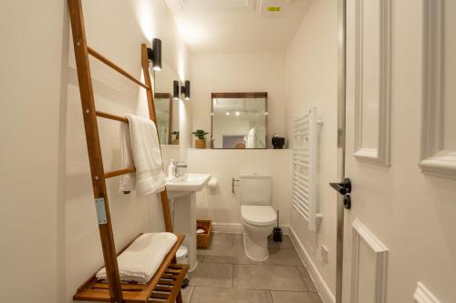 a bathroom with a toilet and a sink and a mirror at Contemporary Apartment on the Historic Rows in Chester