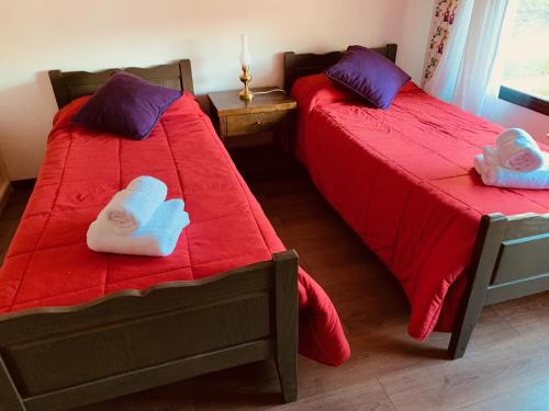 una camera con due letti e asciugamani di Casa Las Margaritas a San Carlos de Bariloche