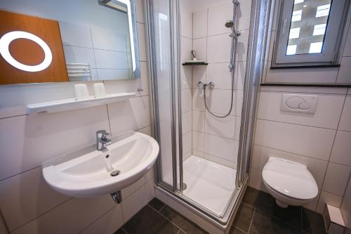 a bathroom with a shower and a sink and a toilet at Zur schönen Aussicht - FW 8 in Dahme
