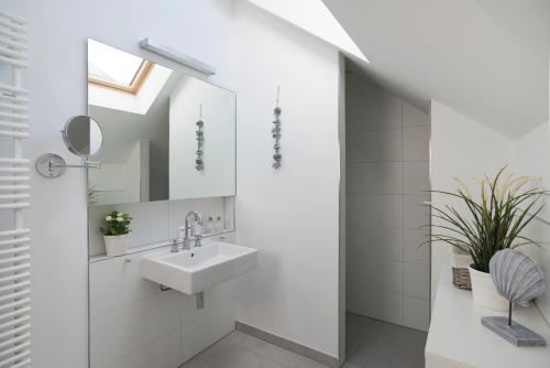 a bathroom with a sink and a mirror at Ostsee - Appartement Nr 96 "Seehase" im Strand Resort in Heiligenhafen