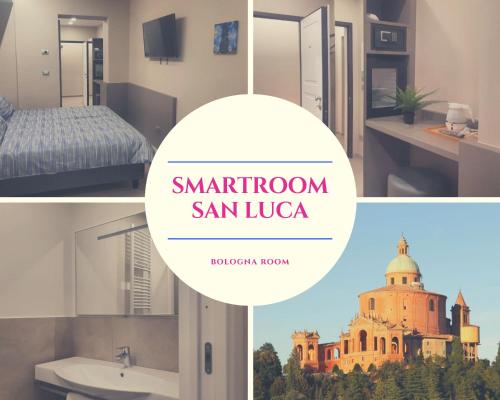 un collage di foto con le parole "camera intelligente San Lucas" di Smart Apartment Sei Chiese - Affitti Brevi Italia a Bologna