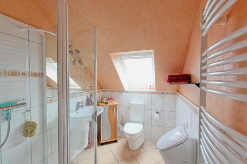a bathroom with a toilet and a sink and a window at Storchennest - 58270 in Süsel