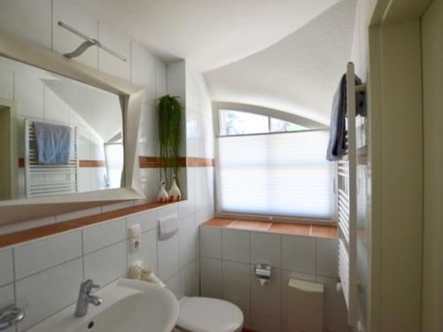 La salle de bains est pourvue d'un lavabo, de toilettes et d'un miroir. dans l'établissement Ferienhaus Seebrise, à Zingst