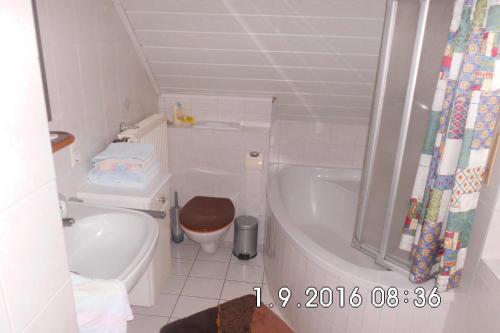 a bathroom with a toilet and a tub and a sink at Ferienwohnung Thien in Geeste