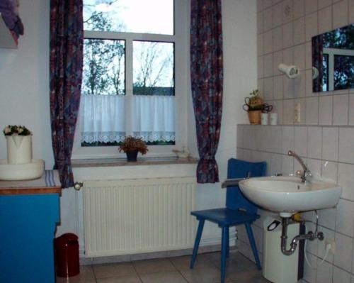 a bathroom with a sink and a window at FeWo 2 - Haus Lorenzen in Hörsten
