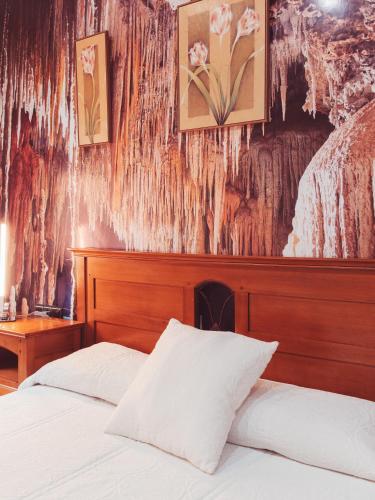 a bedroom with a bed and a wall with paintings at Hotel Los Toreros in Tordesillas