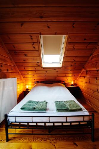 a bedroom with a bed in a wooden room at BORYSÓWKA in Kopanica