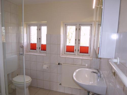 a white bathroom with a sink and a toilet at Alte Schule 3 in Staberdorf