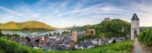 a town on a hill with a river and a castle at Hotel am Markt Bacharach in Bacharach
