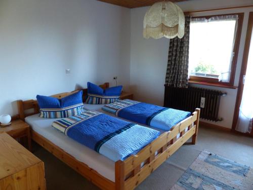 two beds in a bedroom with blue pillows at Ferienhaus Rombach Wohnung C in Wieden
