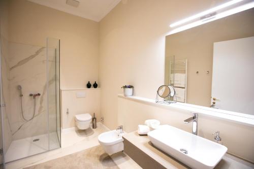 a bathroom with a sink and a toilet and a shower at Apartments 19 in Zagreb