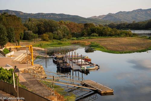 a group of boats docked at a dock on a river at River Ebro Apartments in Móra d'Ebre