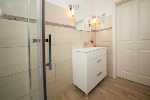 ein Badezimmer mit einem weißen Waschbecken und einem Spiegel in der Unterkunft Schleiblick App 8 in Rabenkirchen-Faulück