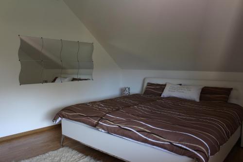 um quarto com uma cama e um espelho na parede em Ferienwohnung Krick em Bad Soden-Salmünster