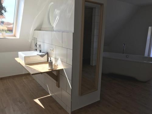 a bathroom with a sink and a tub and a mirror at Nordische Ferienwohnung auf Gut Bennewohld LL in Heide