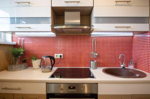 cocina con fregadero y pared de azulejos rojos en Beautiful & spacious apartment in Valmiera, en Valmiera