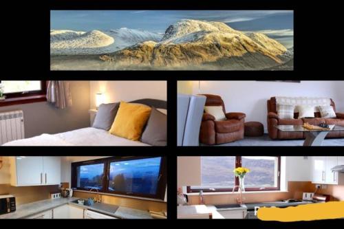 a collage of pictures of a living room with a television at Premium Ground Floor Apartment, Near Fort William Town Centre in Fort William