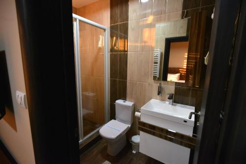 a bathroom with a toilet and a sink and a shower at Garni Hotel Kaća in Kragujevac
